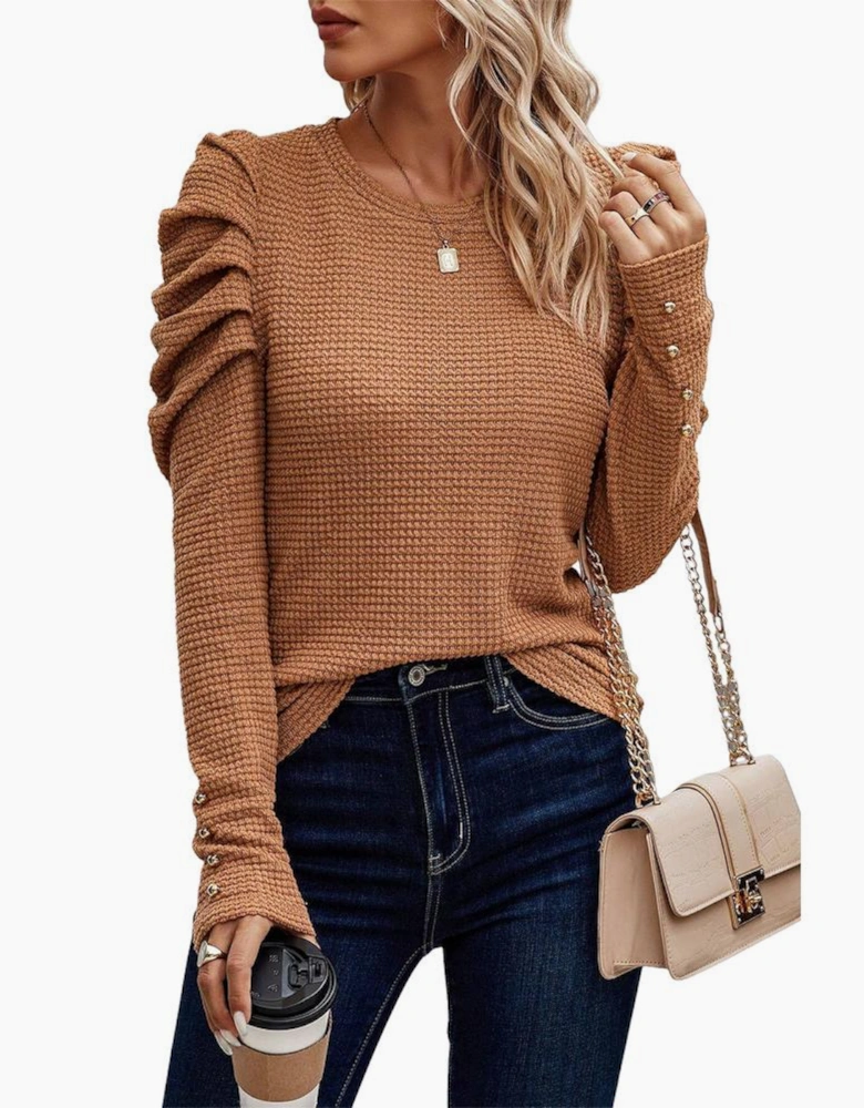 Chestnut Solid Color Textured Buttoned Gigot Sleeve Top