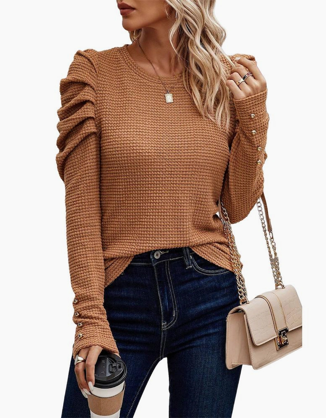 Chestnut Solid Color Textured Buttoned Gigot Sleeve Top