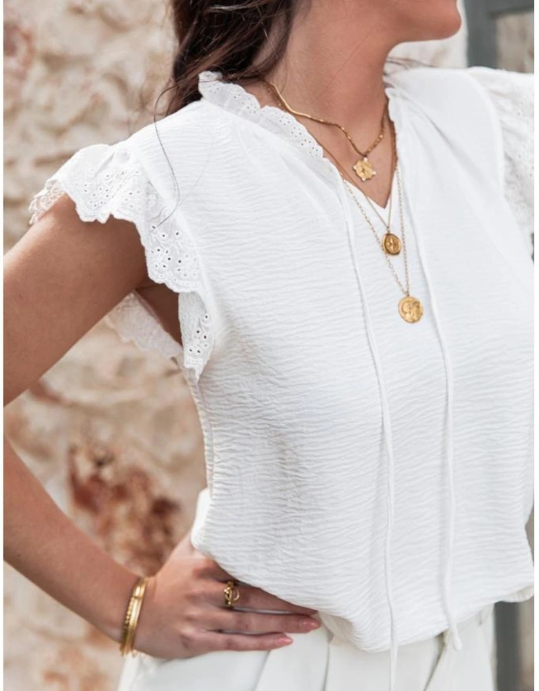 White Embroidered Ruffle Trim Textured Blouse