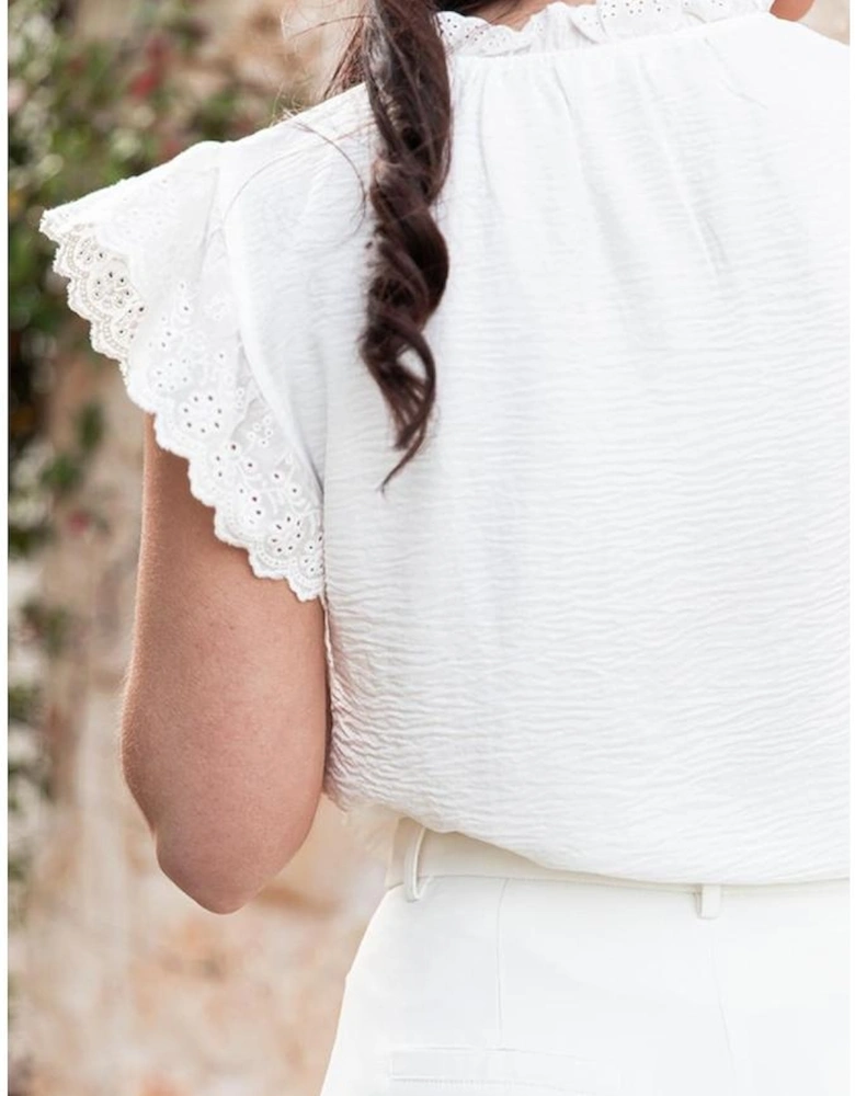 White Embroidered Ruffle Trim Textured Blouse