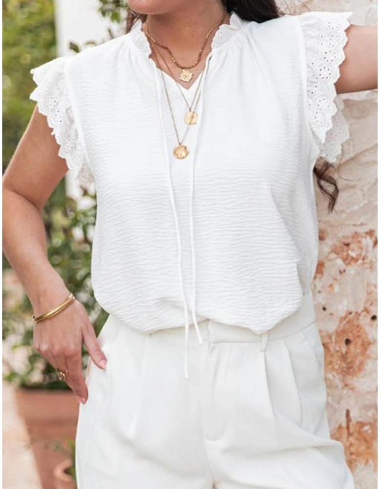 White Embroidered Ruffle Trim Textured Blouse