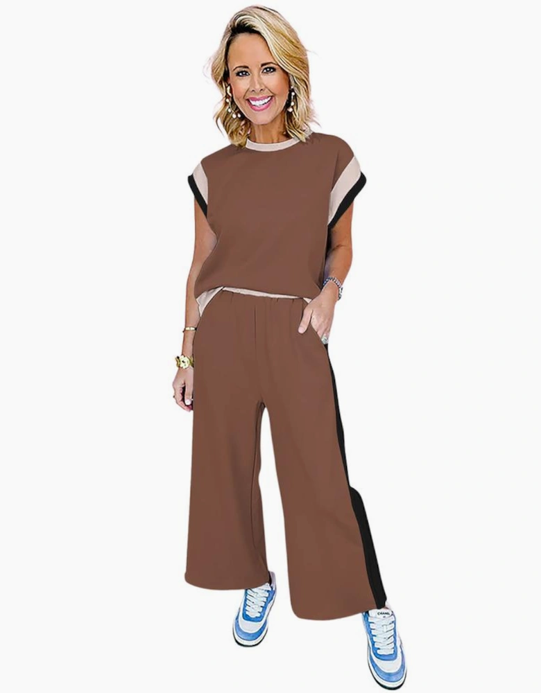 Chestnut Color Block Detail Casual Two-piece Outfit