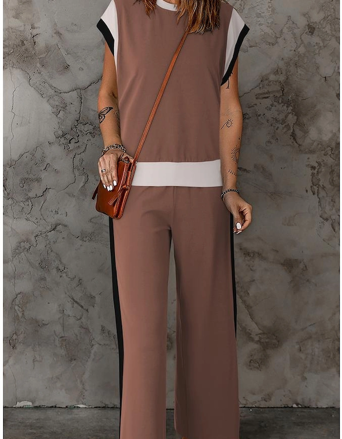 Chestnut Color Block Detail Casual Two-piece Outfit