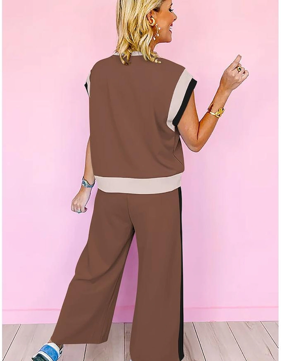 Chestnut Color Block Detail Casual Two-piece Outfit