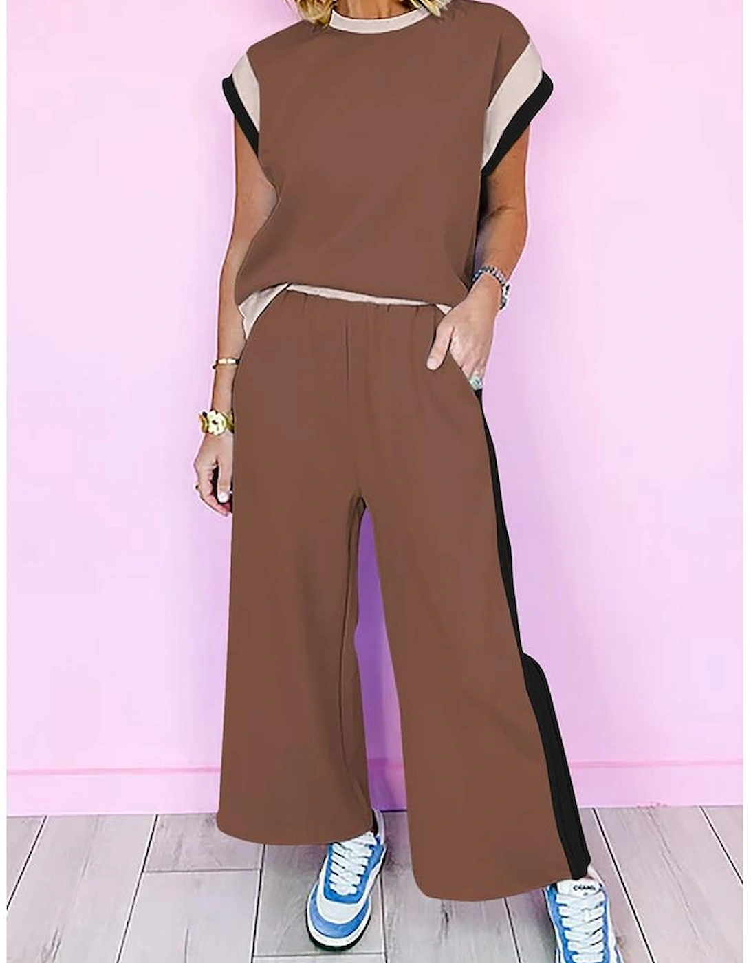 Chestnut Color Block Detail Casual Two-piece Outfit