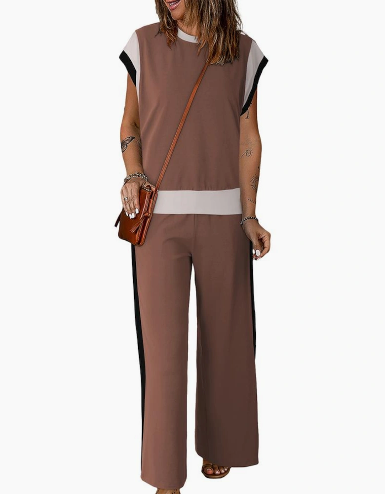 Chestnut Color Block Detail Casual Two-piece Outfit