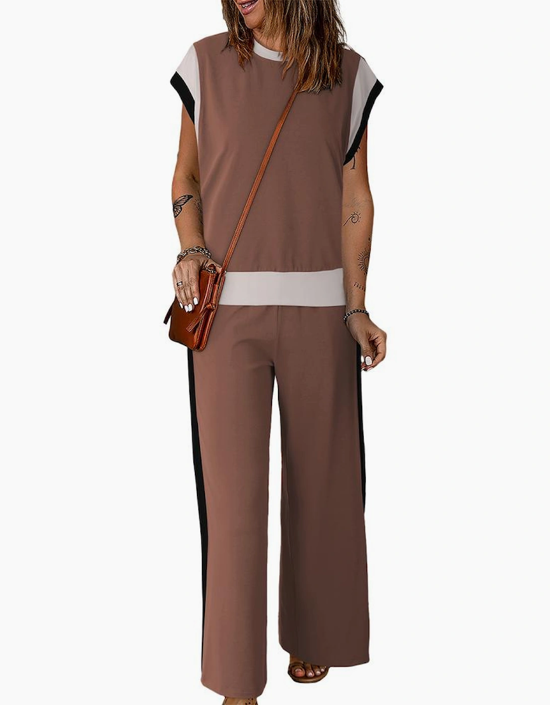 Chestnut Color Block Detail Casual Two-piece Outfit