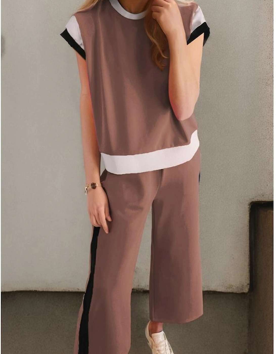 Chestnut Color Block Detail Casual Two-piece Outfit