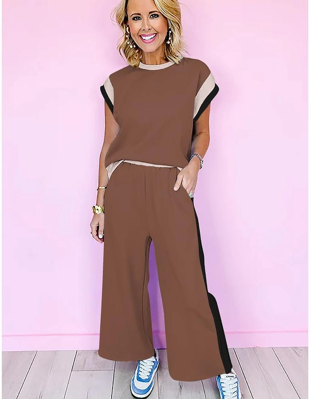 Chestnut Color Block Detail Casual Two-piece Outfit