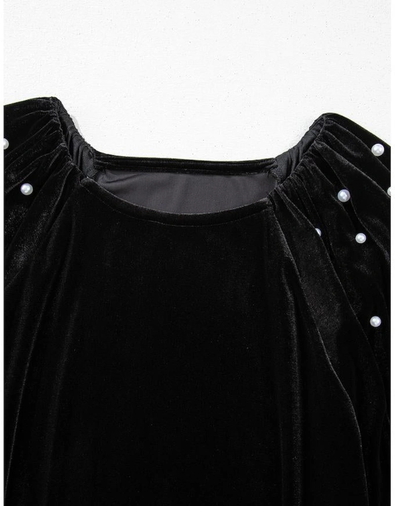 Black Pearl Beaded Half Sleeve Velvet Top