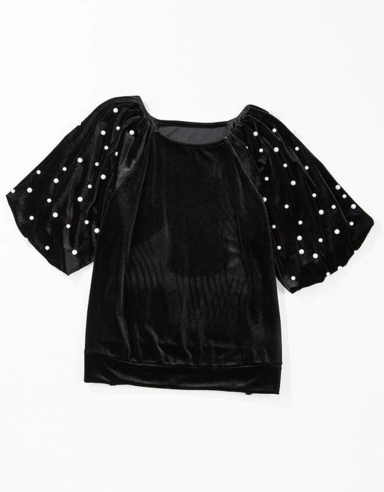 Black Pearl Beaded Half Sleeve Velvet Top
