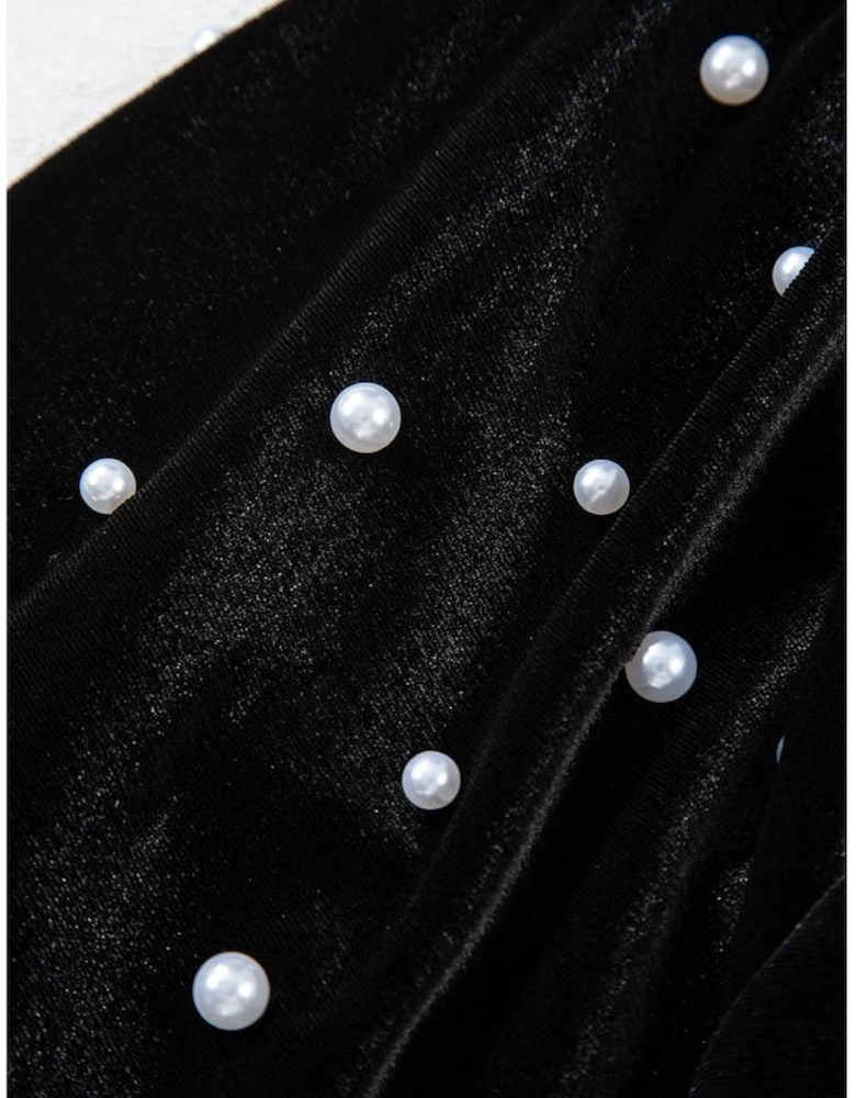 Black Pearl Beaded Half Sleeve Velvet Top