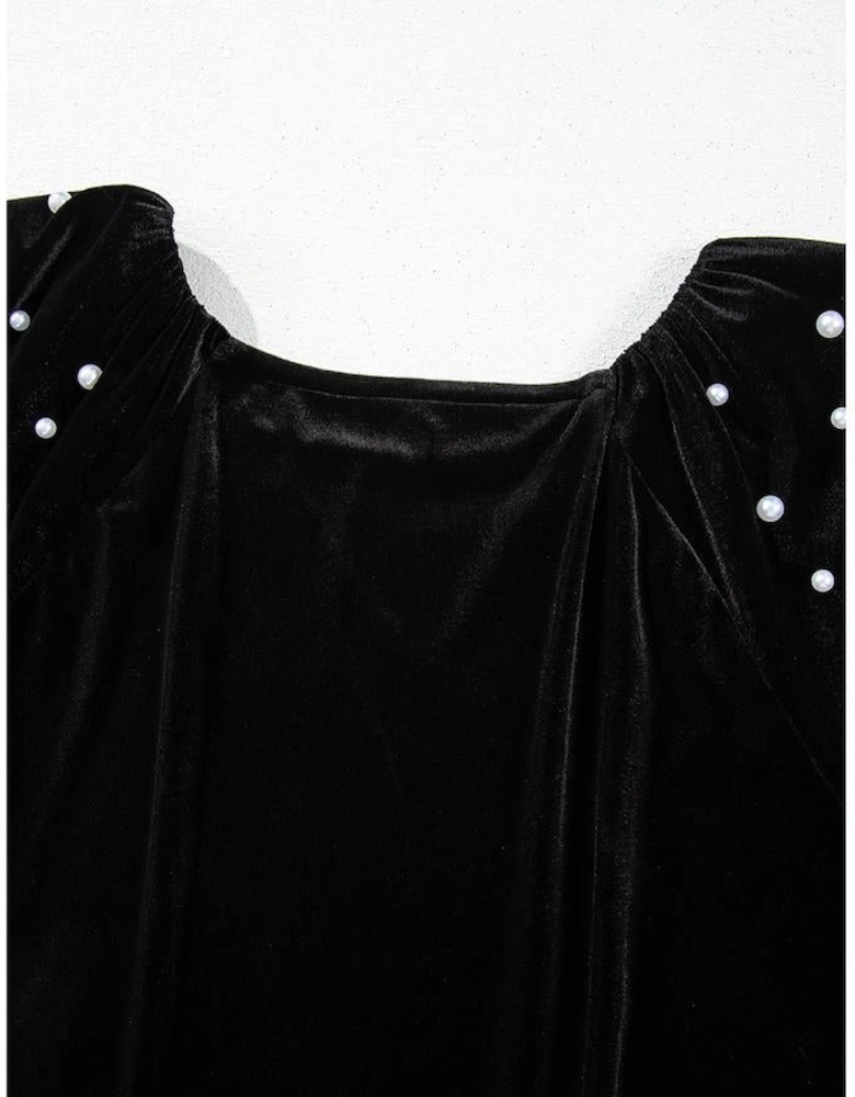 Black Pearl Beaded Half Sleeve Velvet Top