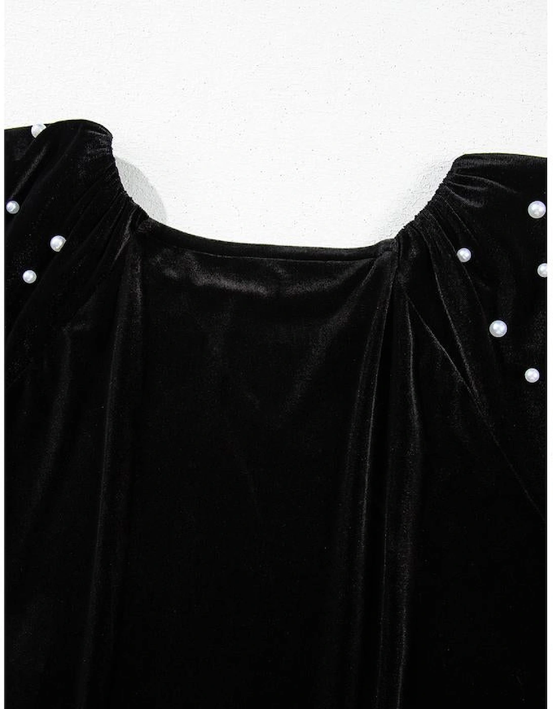Black Pearl Beaded Half Sleeve Velvet Top