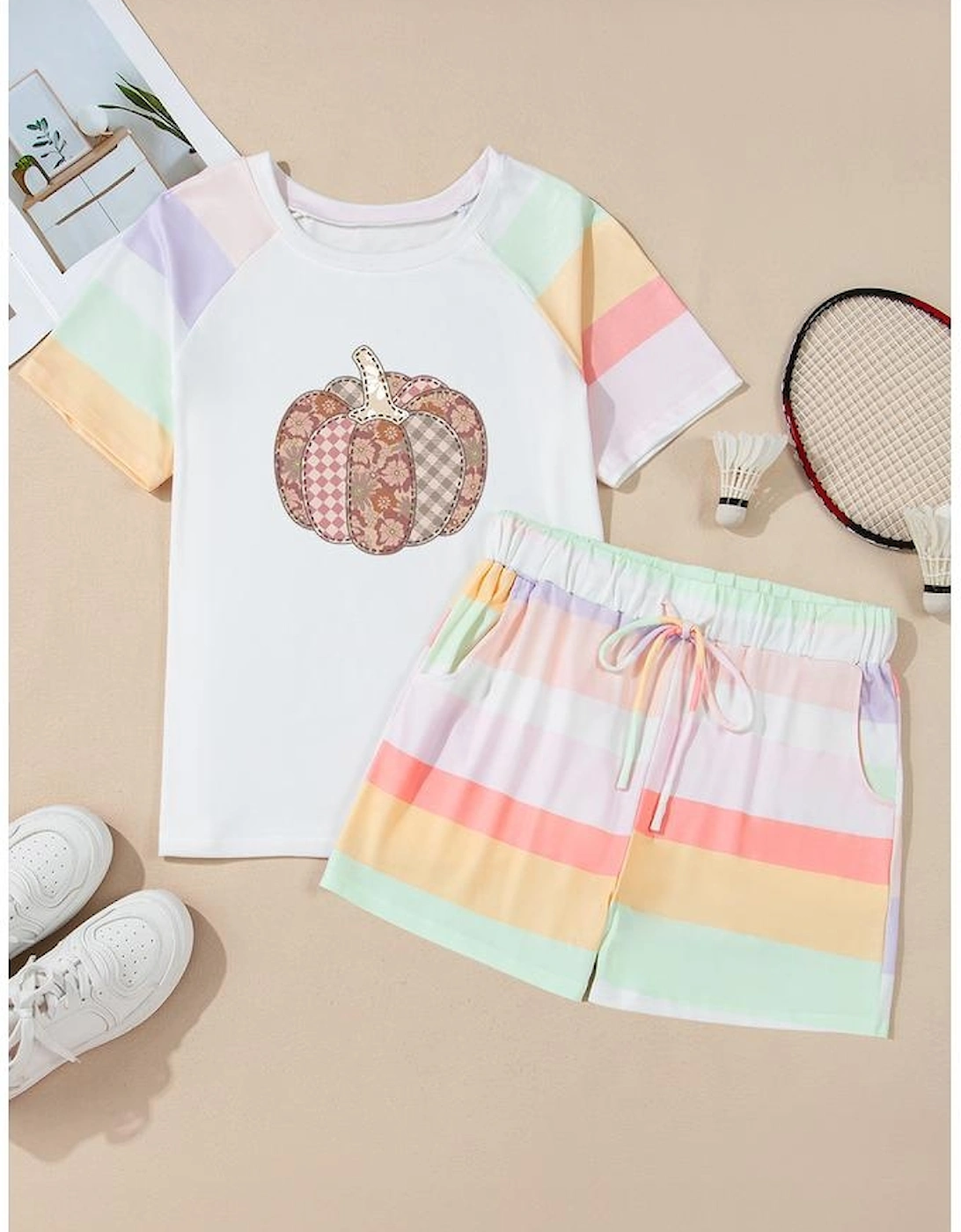 White Pumpkin Graphic Rainbow Rush Shift Tee and Short Loungewear, 9 of 8
