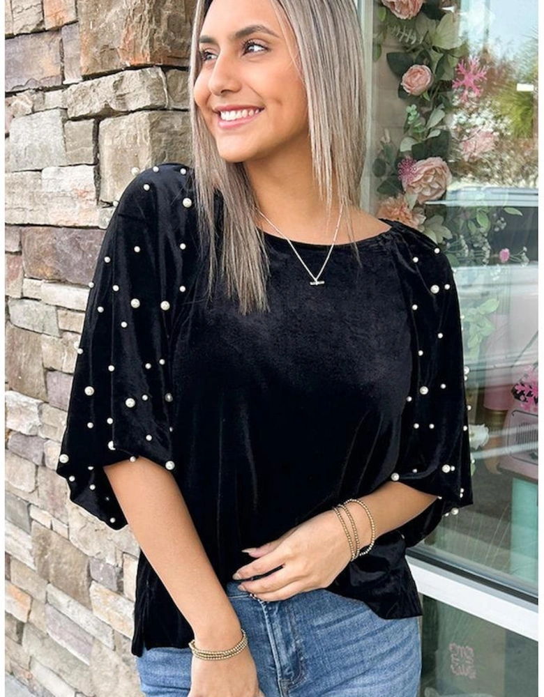 Black Pearl Beaded Half Sleeve Velvet Top