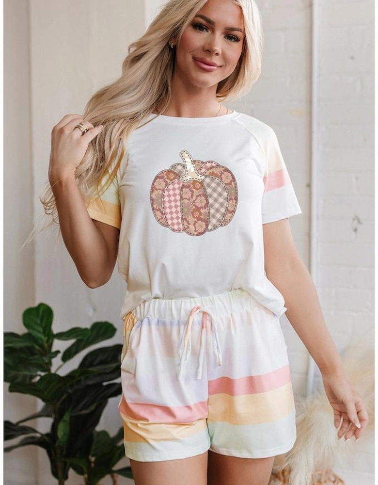 White Pumpkin Graphic Rainbow Rush Shift Tee and Short Loungewear