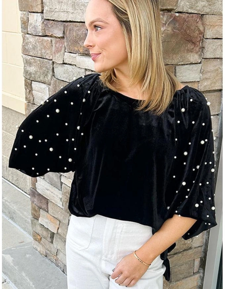 Black Pearl Beaded Half Sleeve Velvet Top