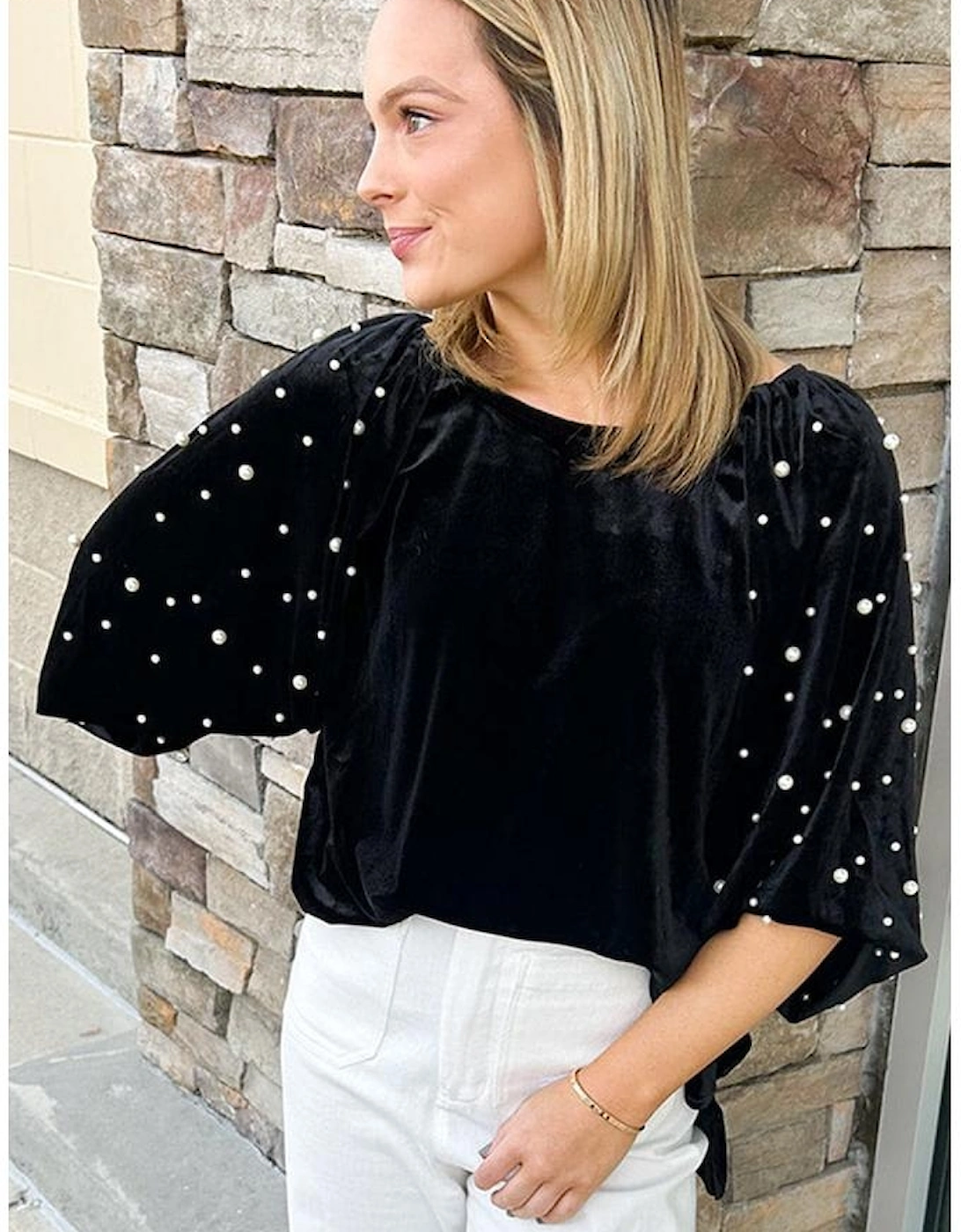 Black Pearl Beaded Half Sleeve Velvet Top