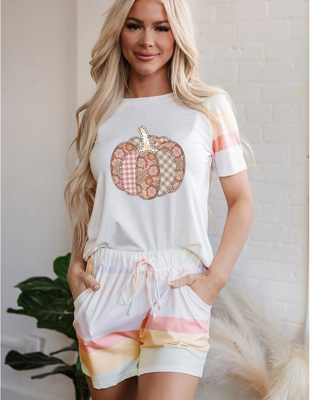 White Pumpkin Graphic Rainbow Rush Shift Tee and Short Loungewear