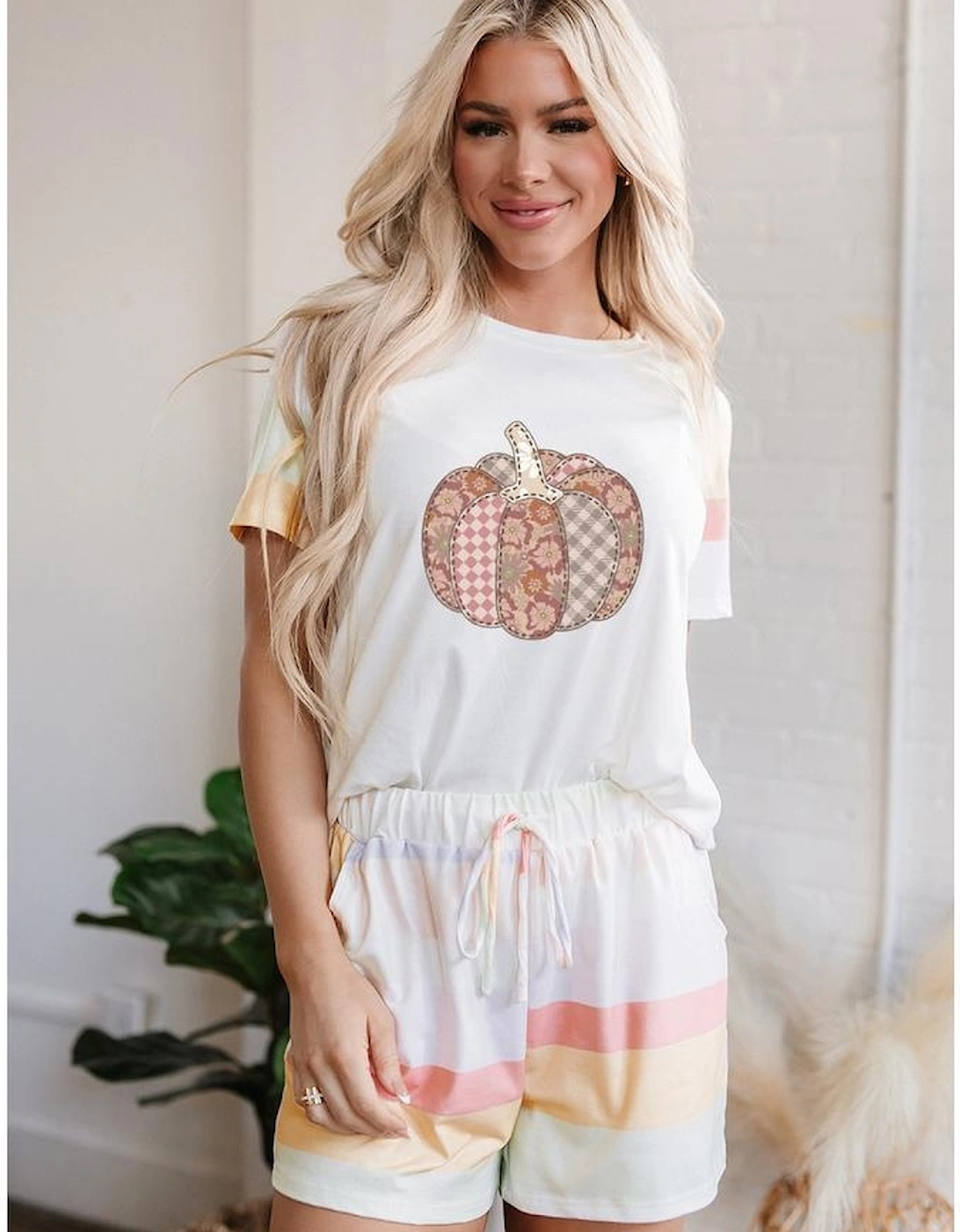 White Pumpkin Graphic Rainbow Rush Shift Tee and Short Loungewear