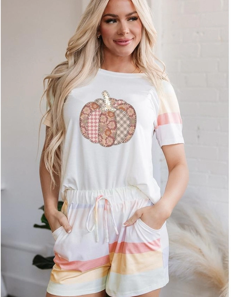 White Pumpkin Graphic Rainbow Rush Shift Tee and Short Loungewear