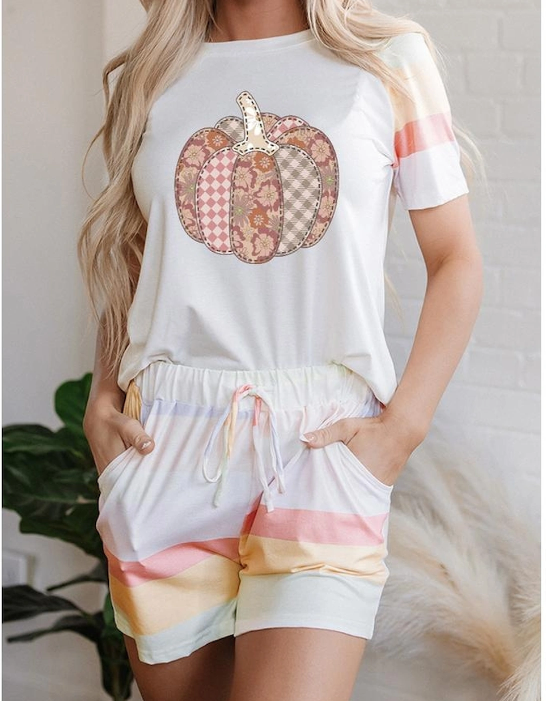 White Pumpkin Graphic Rainbow Rush Shift Tee and Short Loungewear