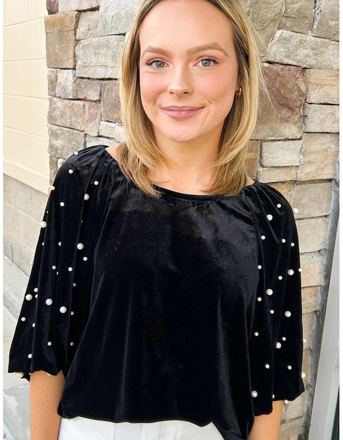 Black Pearl Beaded Half Sleeve Velvet Top