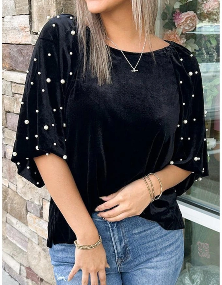 Black Pearl Beaded Half Sleeve Velvet Top