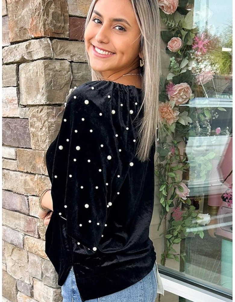 Black Pearl Beaded Half Sleeve Velvet Top