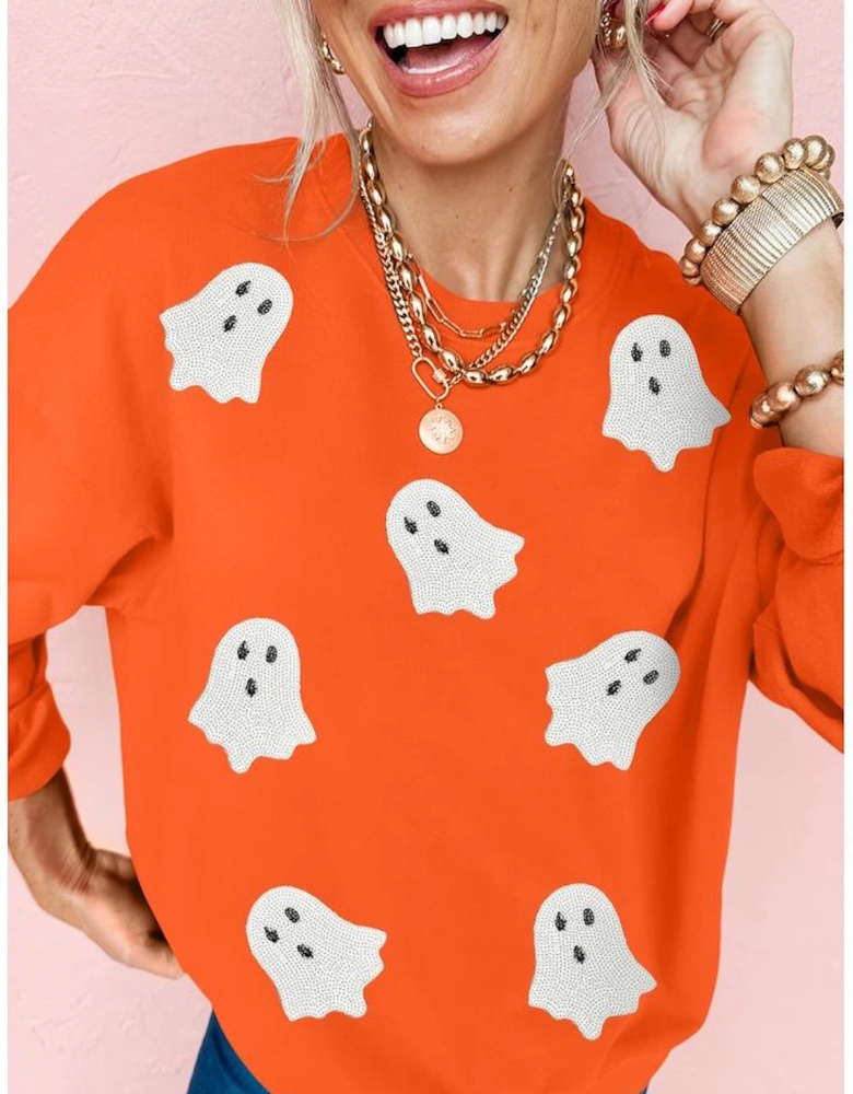 Orange Sequin Halloween Ghost Patched Drop Shoulder Sweatshirt