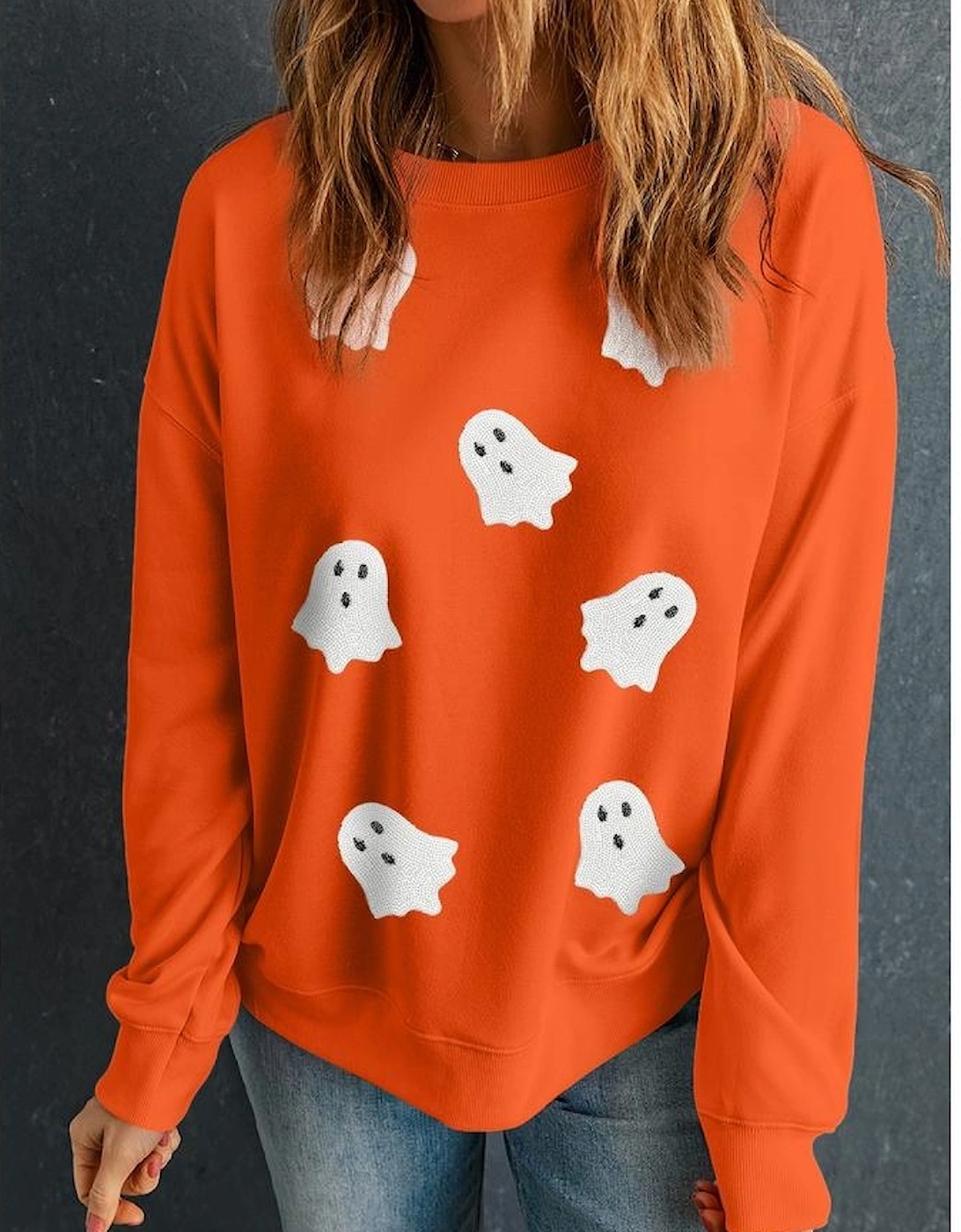 Orange Sequin Halloween Ghost Patched Drop Shoulder Sweatshirt