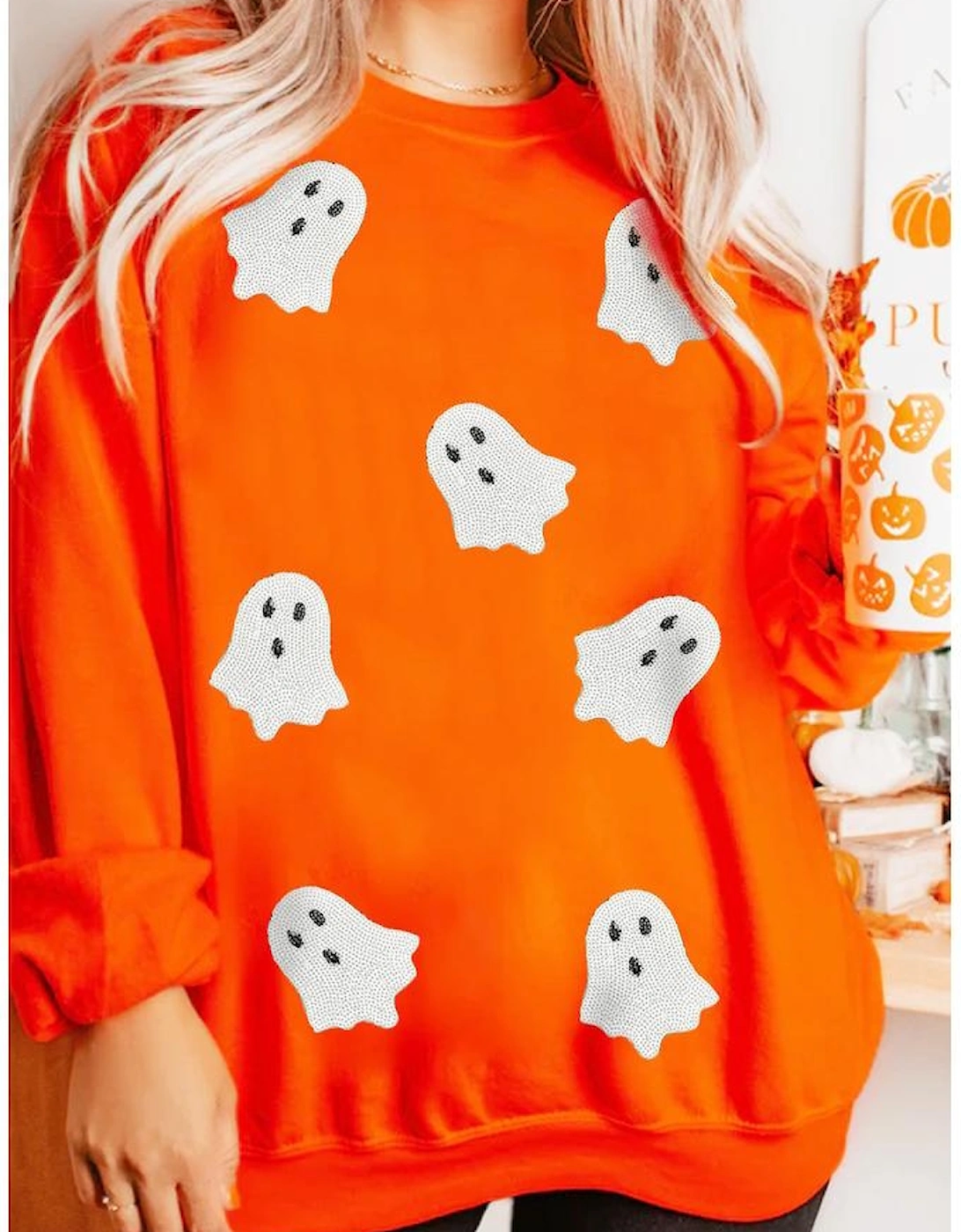Orange Sequin Halloween Ghost Patched Drop Shoulder Sweatshirt, 6 of 5