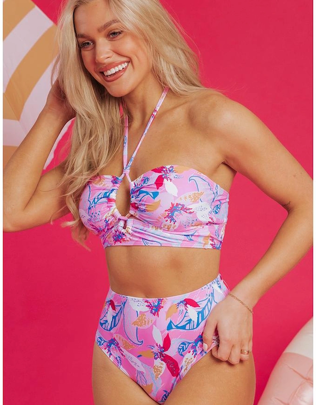 Pink Floral Printed Halter Neck High Waist Bikini