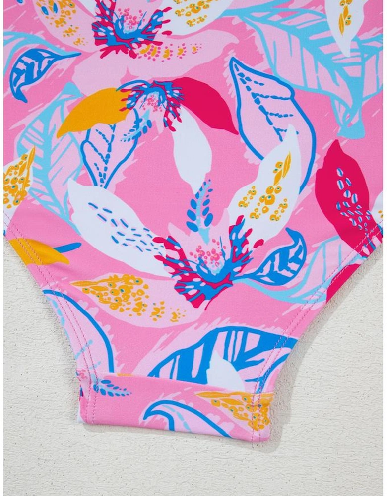 Pink Floral Printed Halter Neck High Waist Bikini