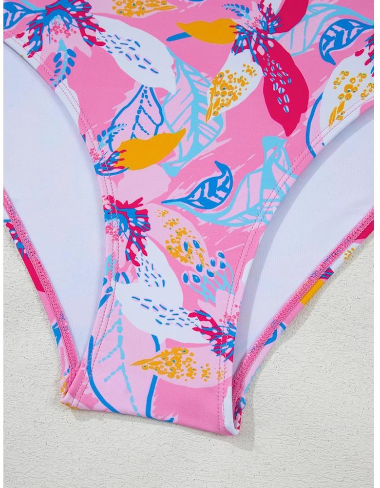 Pink Floral Printed Halter Neck High Waist Bikini