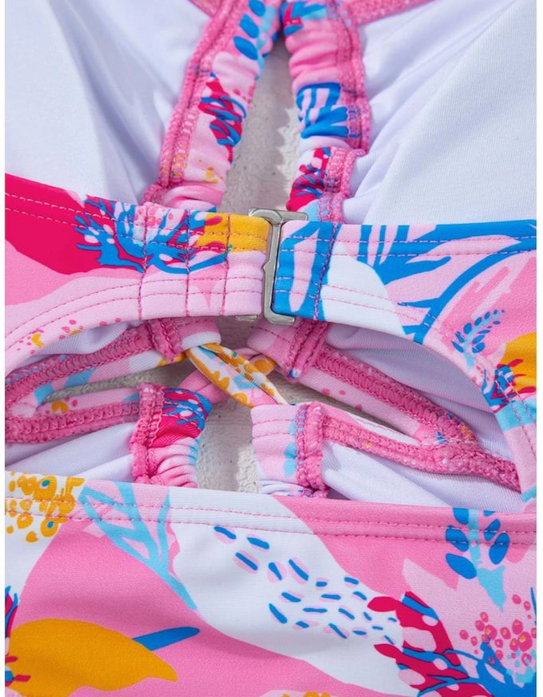 Pink Floral Printed Halter Neck High Waist Bikini