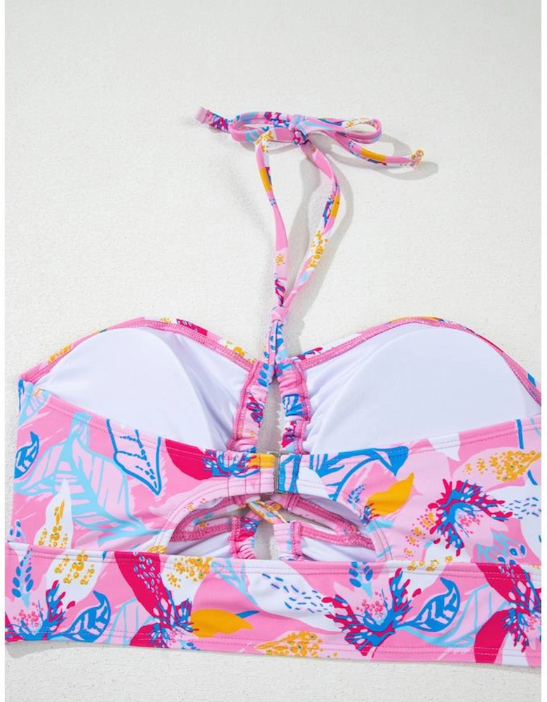 Pink Floral Printed Halter Neck High Waist Bikini