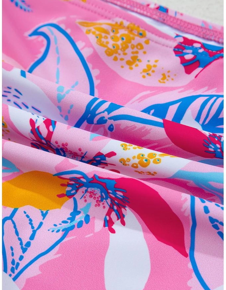 Pink Floral Printed Halter Neck High Waist Bikini