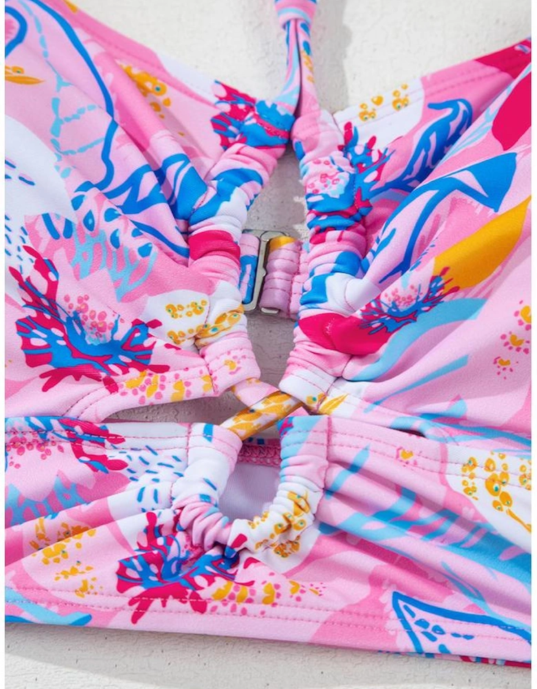 Pink Floral Printed Halter Neck High Waist Bikini