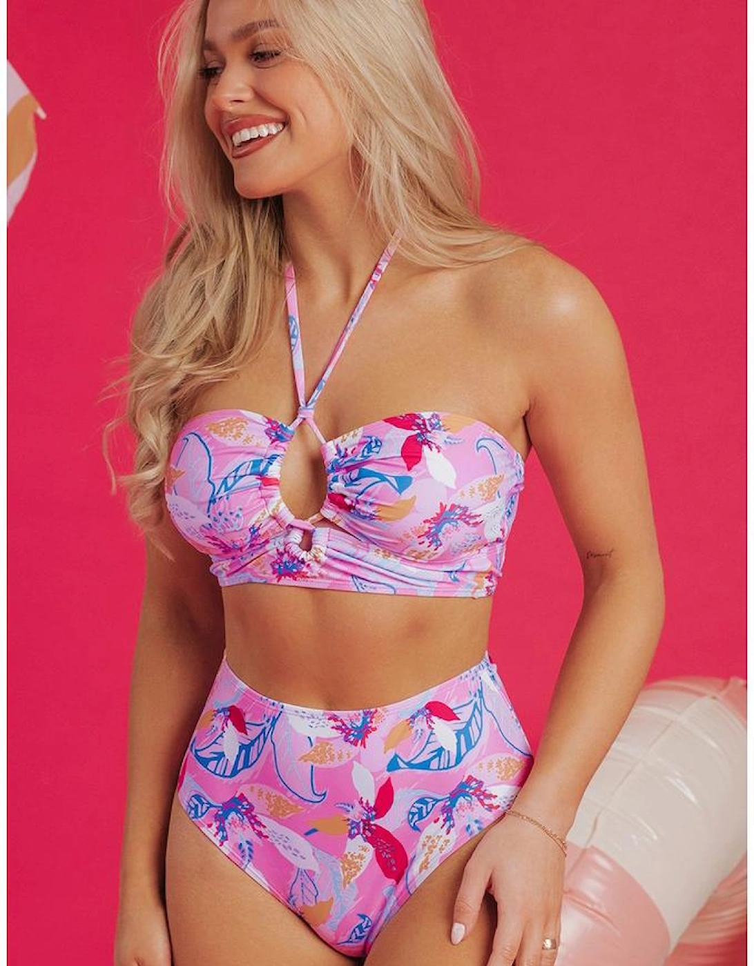 Pink Floral Printed Halter Neck High Waist Bikini