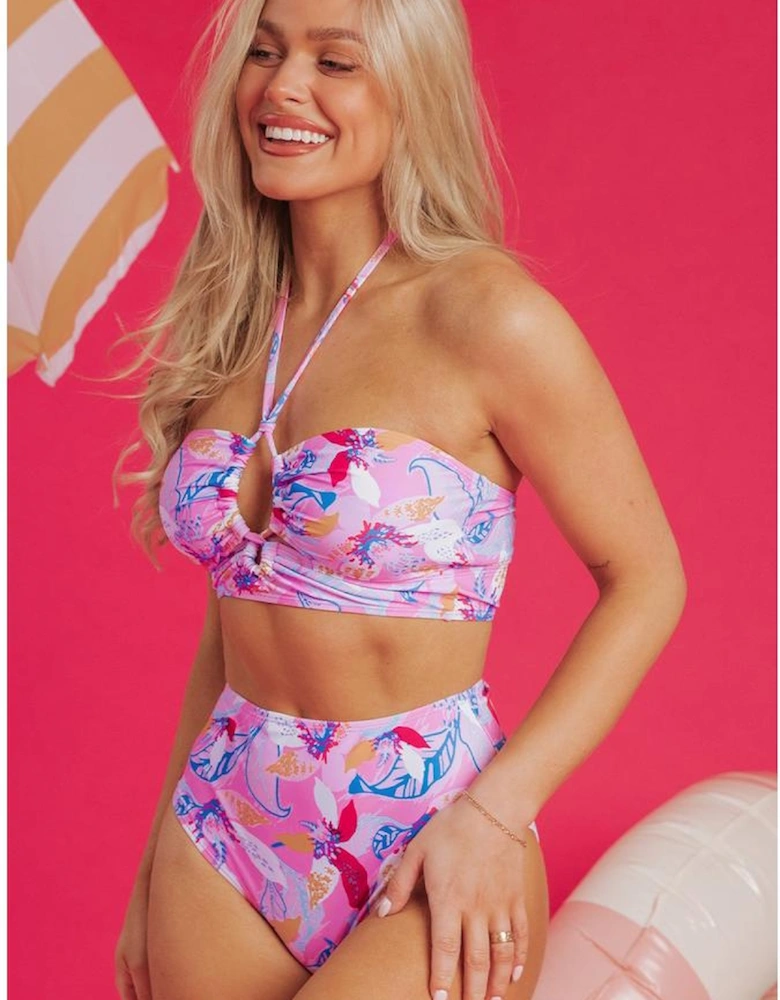 Pink Floral Printed Halter Neck High Waist Bikini