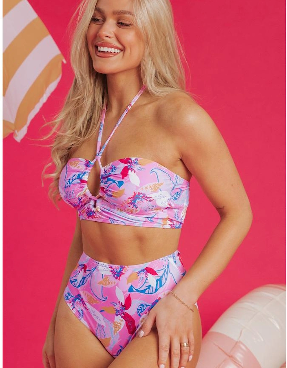 Pink Floral Printed Halter Neck High Waist Bikini