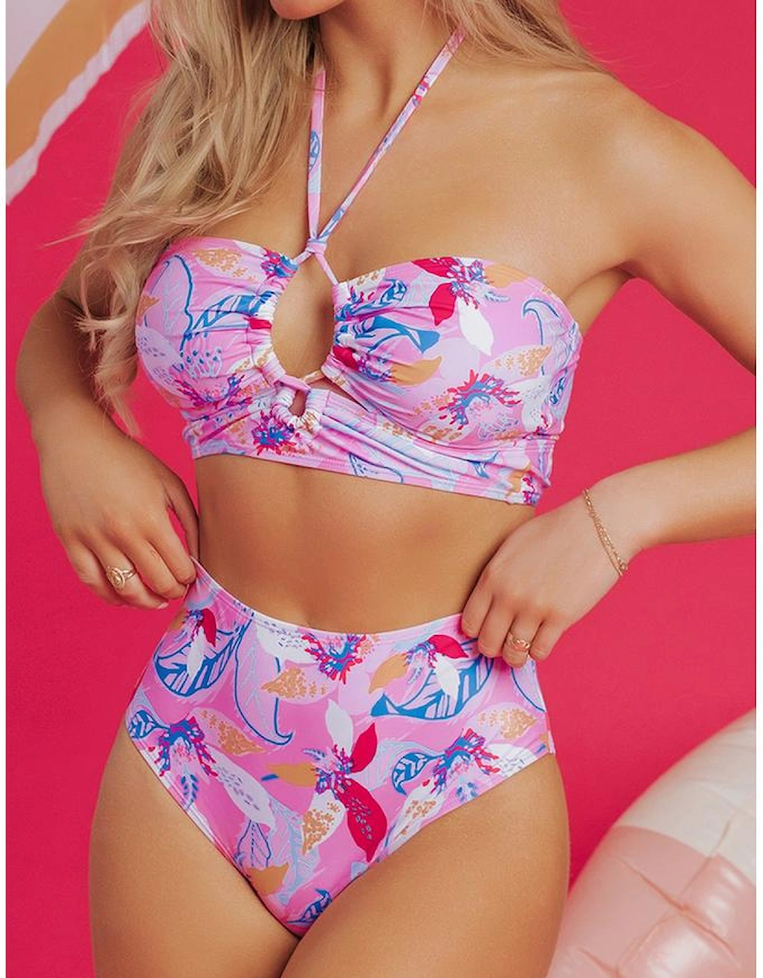 Pink Floral Printed Halter Neck High Waist Bikini