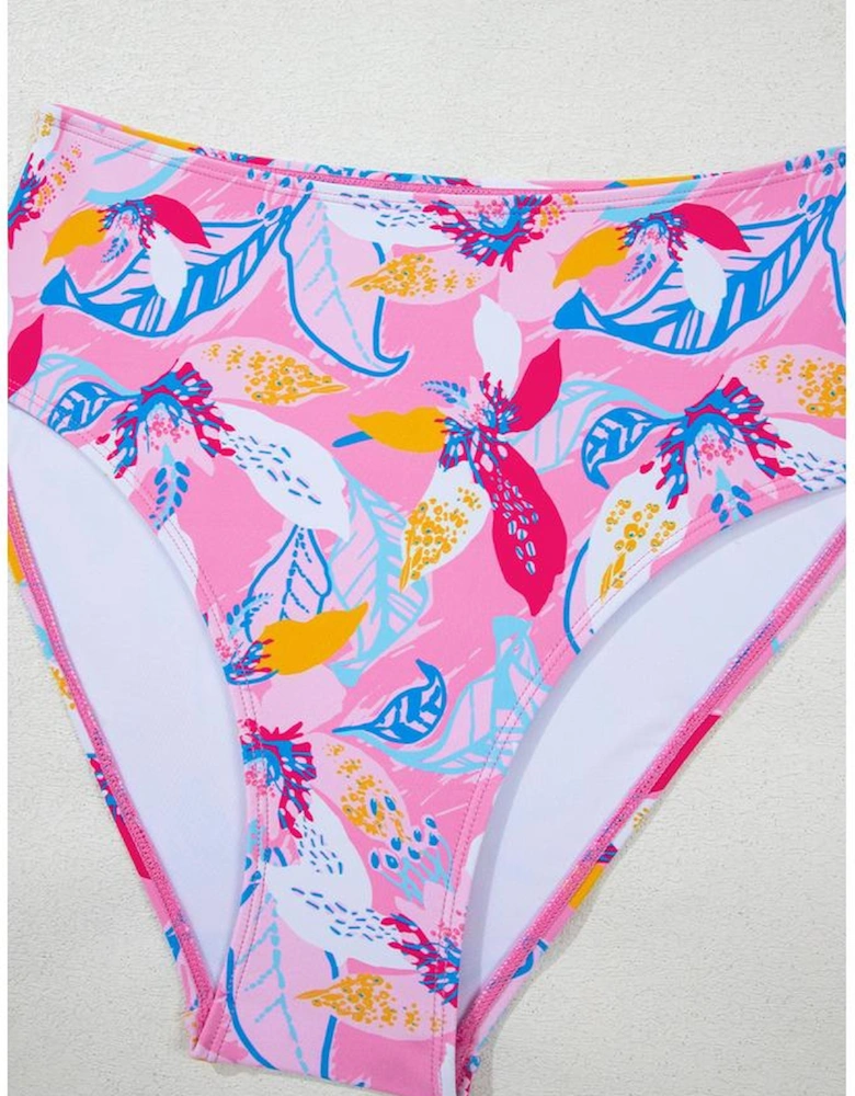 Pink Floral Printed Halter Neck High Waist Bikini