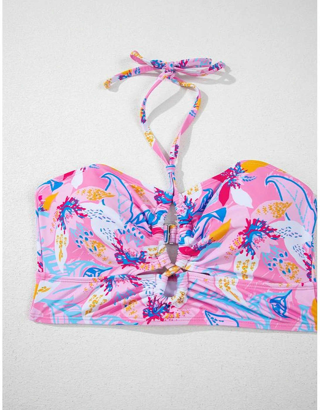 Pink Floral Printed Halter Neck High Waist Bikini