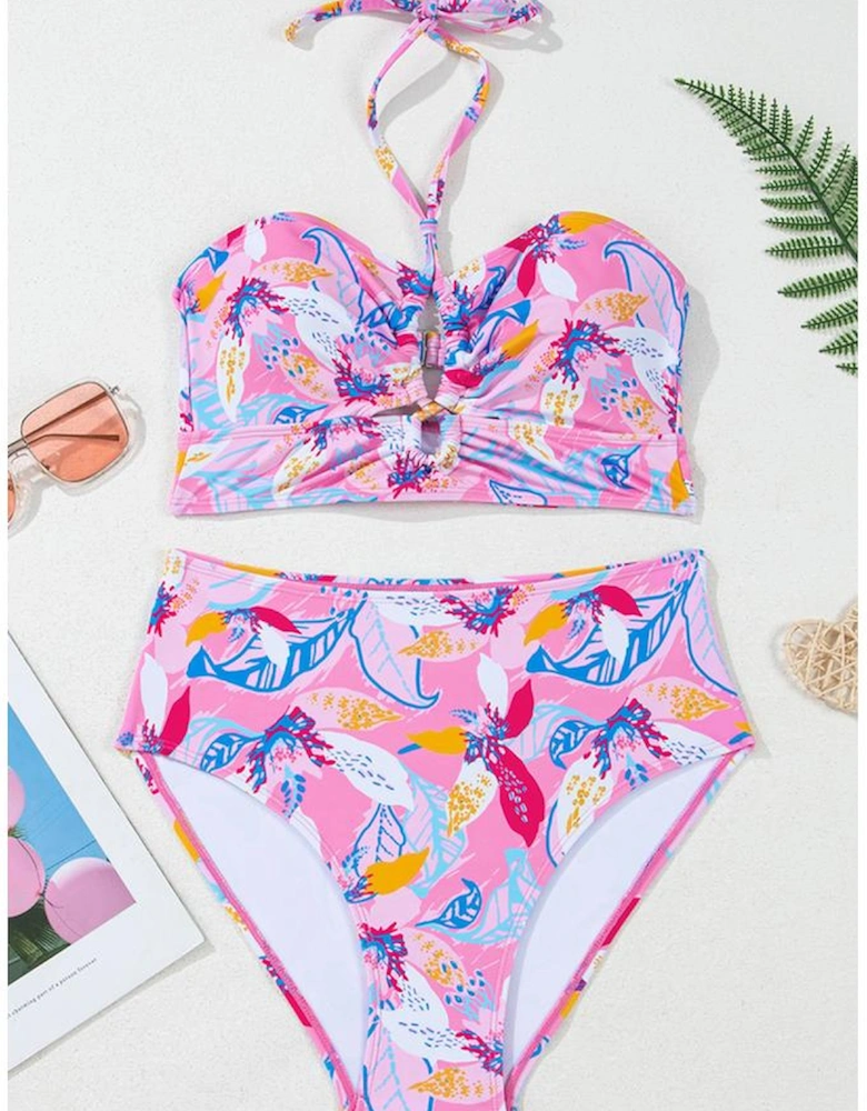 Pink Floral Printed Halter Neck High Waist Bikini