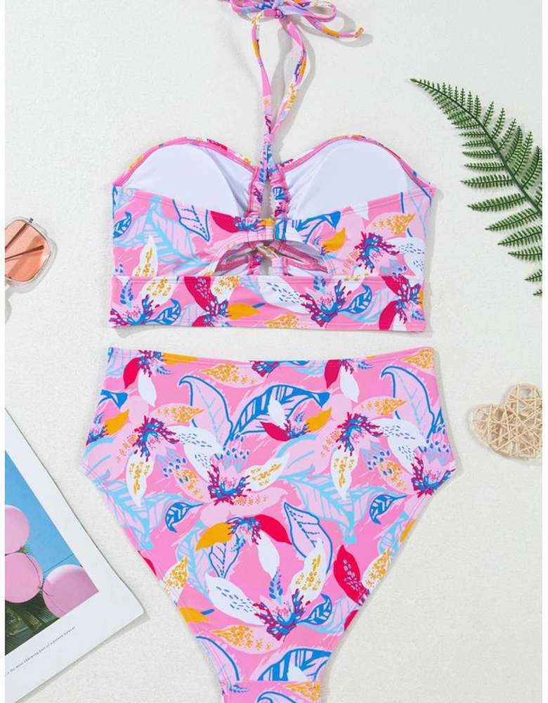 Pink Floral Printed Halter Neck High Waist Bikini