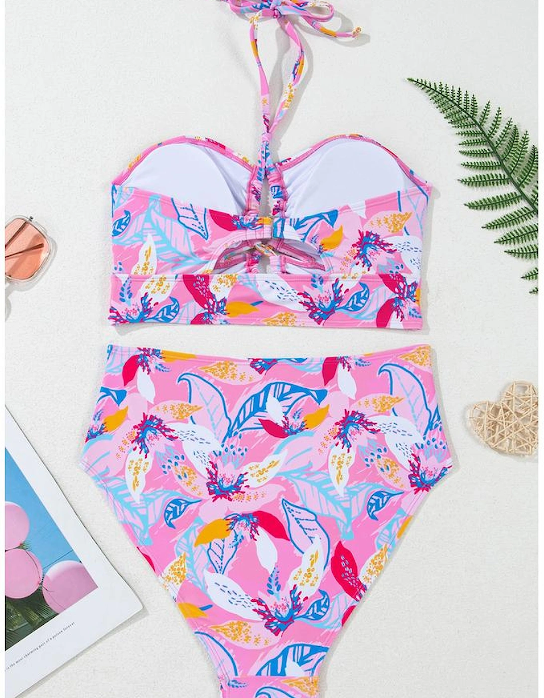 Pink Floral Printed Halter Neck High Waist Bikini