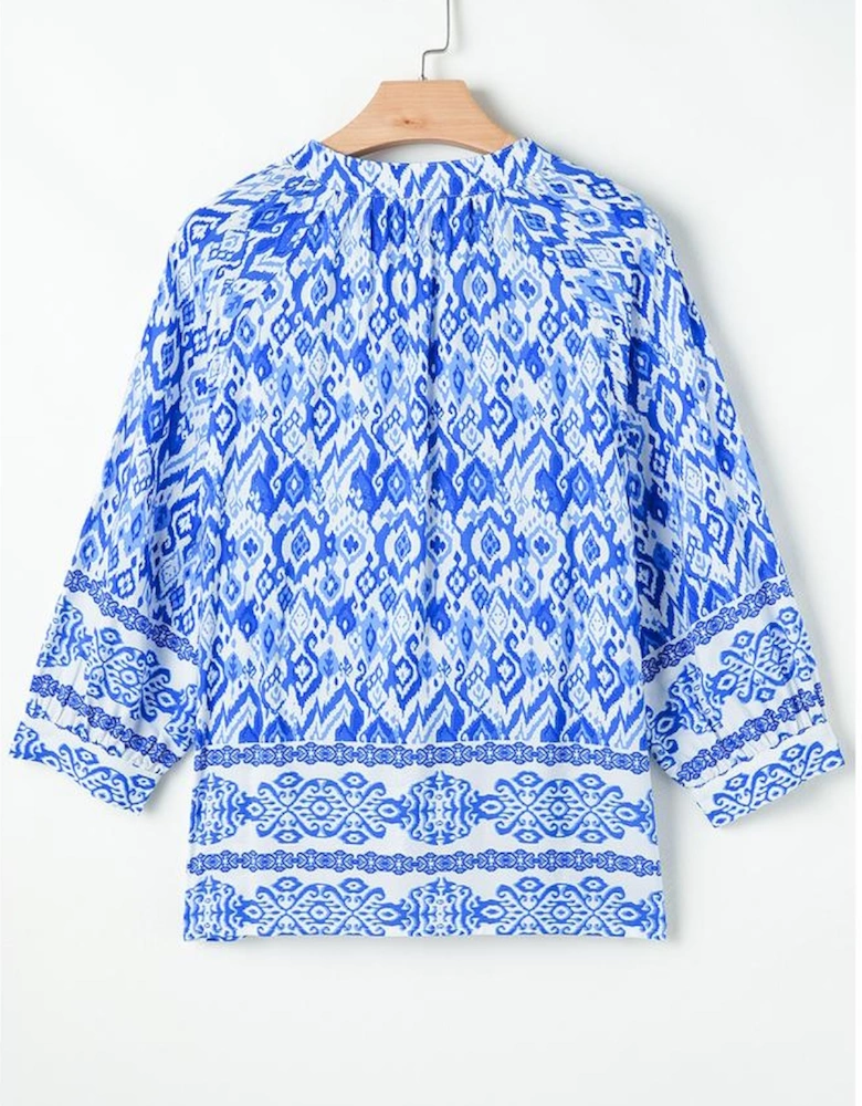 Blue Boho Printed 3/4 Sleeve Tied Neck Blouse